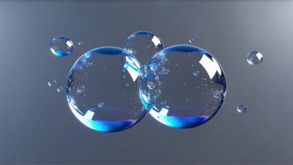 Abstract 3D render of floating liquid transparent bubbles that collide with each other over grey background