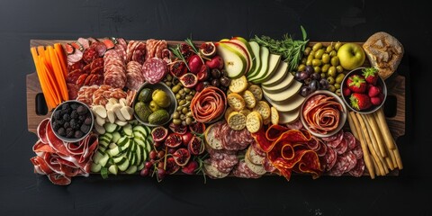 A selection of cured meats, fresh fruits and vegetables on a wooden plank. Perfect for a casual gathering or a healthy snack.