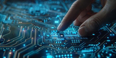 Banner, A hand is pointing at a blue circuit board. Concept of curiosity and exploration, as if the person is trying to understand the workings of the technology, with copy space