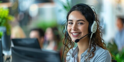 Call center, conversation and happy woman at help desk for advice, sales and telemarketing in headset. Consulting, communication and face of virtual assistant, customer service agent or crm advisor