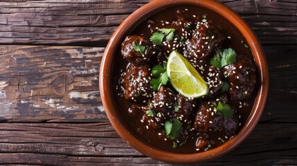 Mexican food with meat, beans, lime and spices on wooden table.