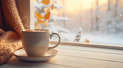 Obraz premium Coffee mug on cozy table with snow outside, winter warmth at home