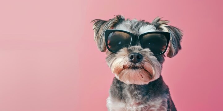 cute Dog with fashion sunglasses studio background shot, with copy space, premium stock