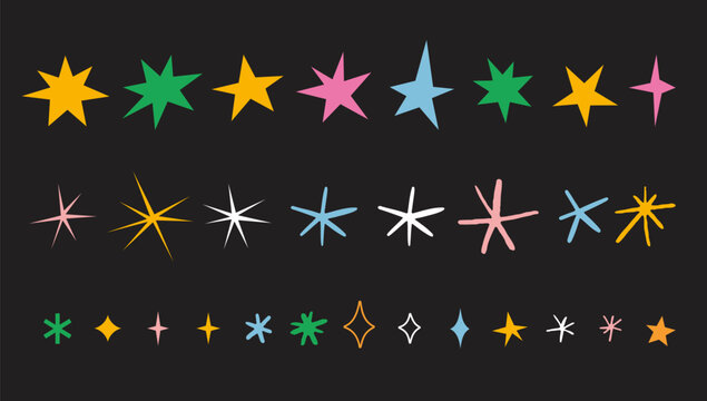 Various stars, sparks and snowflakes set. Party, Christmas, birthday decoration in vibrant colors. Trendy modern vector illustration, hand drawn with textured effect, flat design
