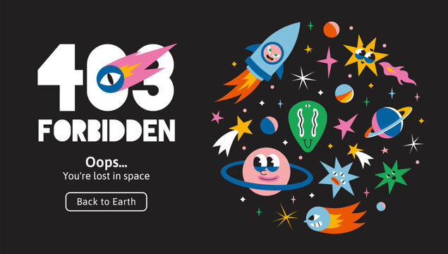 The cute concept of 403 forbidden web page. Connection error, Access Denied. Metaphor of loss in outer space. Trendy modern vector illustration, hand drawn, flat design