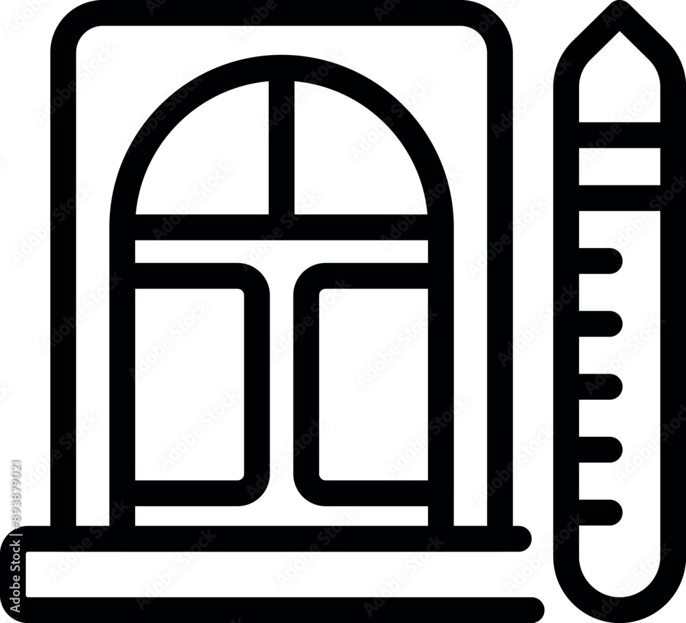 Poster line icon of a window with a measuring tape, representing an architect taking measurements