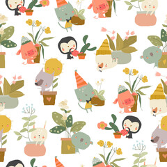 Vector Seamless Pattern with Cartoon Animals and Houseplants