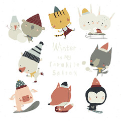 Vector Set of Cartoon Cute Animals doing Winter Sport