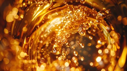 Golden beer liquid swirling and splashing, creating bubbles and bokeh