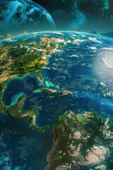 Fototapeta premium Digital artwork of Earth from space, showing a panoramic view of the planet with oceans, continents and clouds.