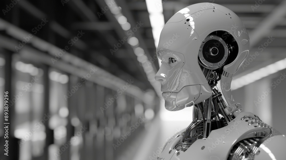Aufkleber the image portrays a futuristic scene of a robotic worker in an industrial data center setting.