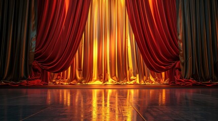 A dramatic stage setting with red and gold curtains open revealing an empty floor