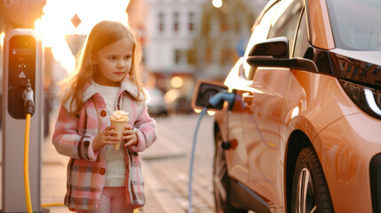 Little girl enjoying ice cream while electric car charges in the city