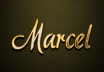 Old gold text effect of Deutsche name Marcel with 3D glossy style Mockup.