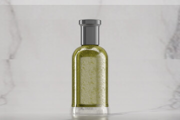 A bottle of perfume is placed on a smooth marble countertop, 3d render