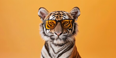 Cute Tiger with fashion sunglasses studio background premium shot, with copy space