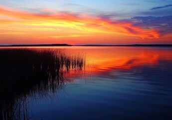 serene sunset over the Black Body. The lake reflects an orange and blue sky, with some clouds visible in the distance