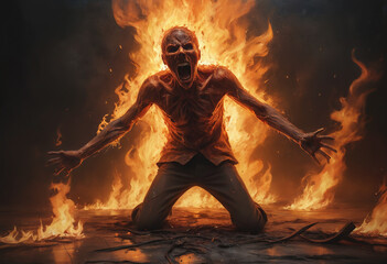 A person engulfed in flames screams in a scene of chaotic horror. Concept Horror, Flames, Screams, Chaos, Human Suffering, oil paint