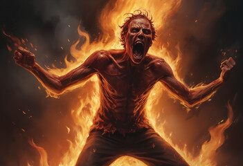 Fototapeta premium A person engulfed in flames screams in a scene of chaotic horror. Concept Horror, Flames, Screams, Chaos, Human Suffering, oil paint