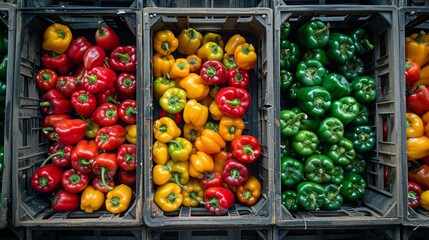 Various sweet peppers in plastic box, food storage or market