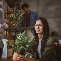 Adult caucasian couple do chores and wipe dust, clean house together