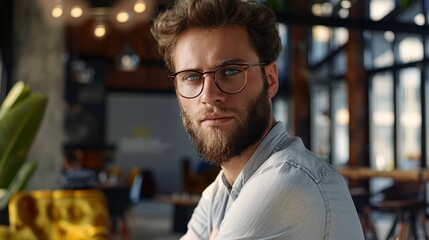 A young, bearded man with stylish glasses posing confidently in a lively and modern coworking office space.