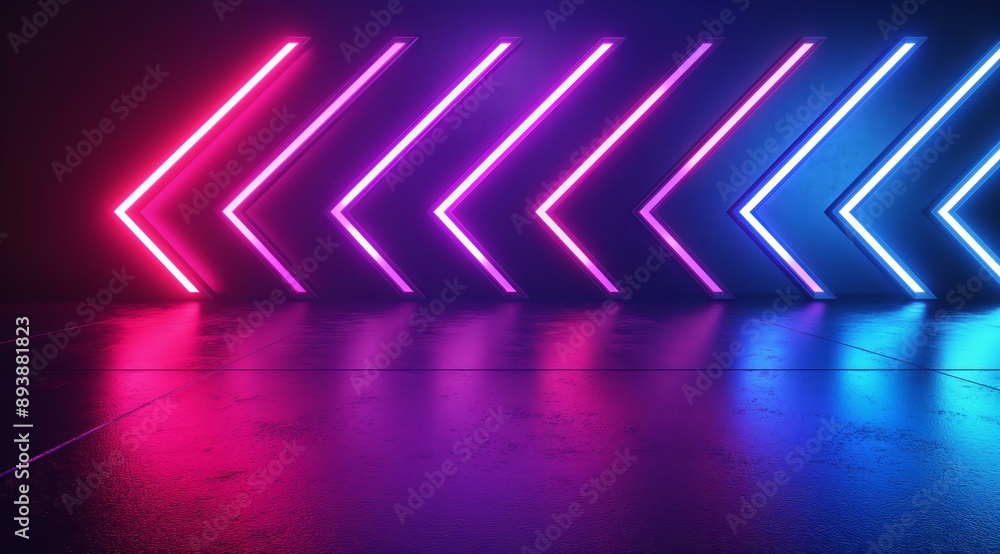 Poster a vibrant 3d rendering of neon light arrows in purple and blue, illuminating a dark background and r