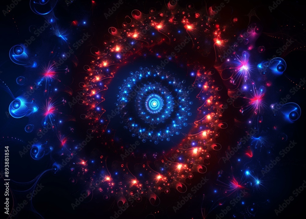 Poster a vibrant, abstract digital artwork featuring a circular spiral pattern with glowing blue and red pa