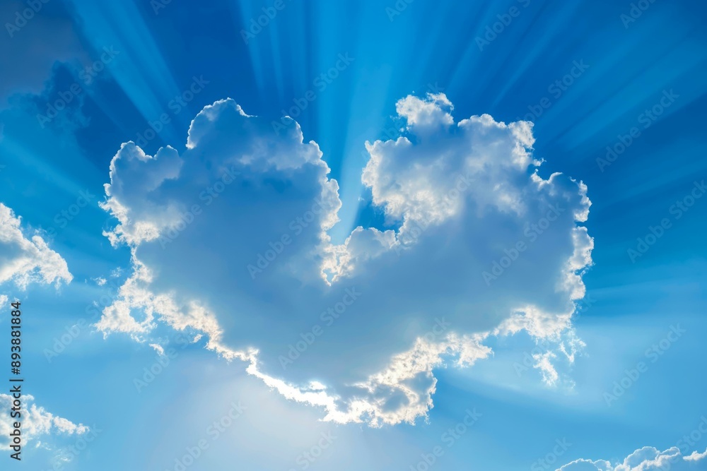Poster a heart-shaped cloud in a bright blue sky with rays of sunlight streaming through, creating a serene