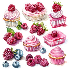 WATERCOLOR clipart white background Raspberry Sherbet, pies and pastries, fruits, whipped cream in the style of pink and green, sky-blue and aquamarine, birthday event, desserts party.