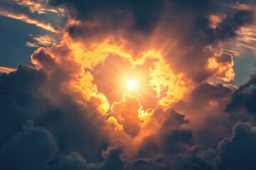 A heart-shaped formation of clouds surrounding a glowing sun, radiating light and warmth across the sky.