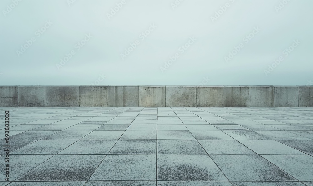 Poster a minimalist image featuring a concrete tiled floor with a background of a concrete barrier and a mi