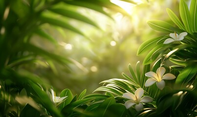 Obraz premium A serene scene featuring white flowers surrounded by lush green leaves, bathed in soft, golden sunlight.