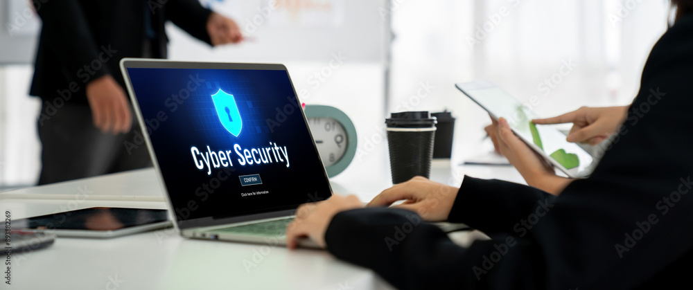 Poster cyber security system on computer screen protect private information snugly from hacker and cyber at