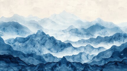 Fototapeta premium A watercolor depiction of a serene mountain range painted in shades of blue evokes a sense of tranquility and wonder