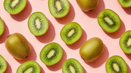 Fototapeta premium A repeating pattern of whole and sliced kiwis, with alternating green and golden varieties, high-resolution photo, realistic photo, hyper realistic