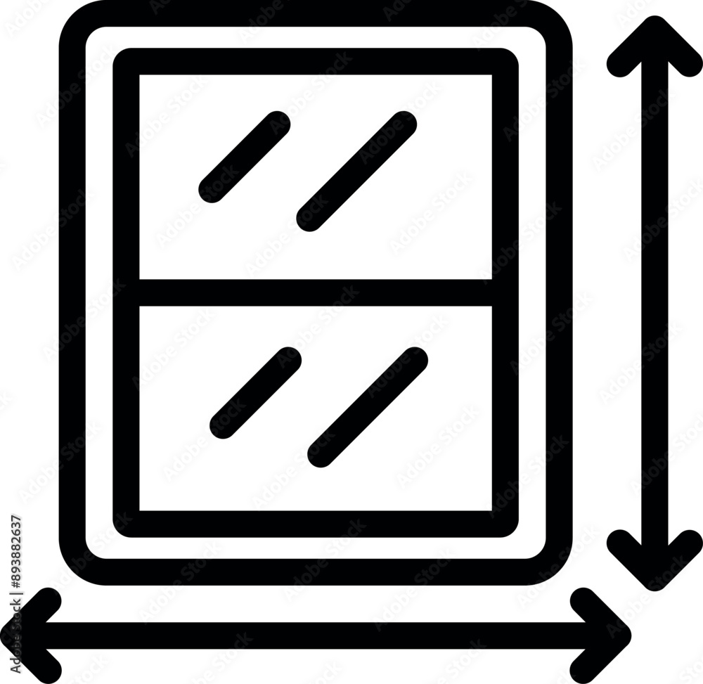 Poster simple icon of a window being measured, indicating width and height dimensions for construction and 