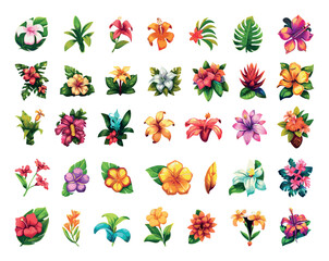Naklejka premium Tropical Flowers Icon Set Simple Vector Cartoon Style White Background Exotic Blooms Floral Illustrations Vibrant Botanical Graphic Design Elements