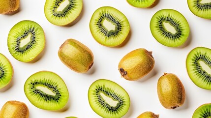 Fototapeta premium A repeating pattern of whole and sliced kiwis, with alternating green and golden varieties, high-resolution photo, realistic photo, hyper realistic