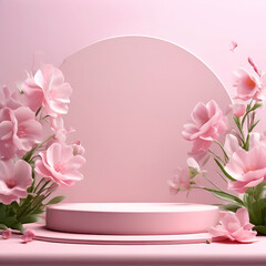 podio rosado 3D primavera con rosas primaverales con fondo de color rosa