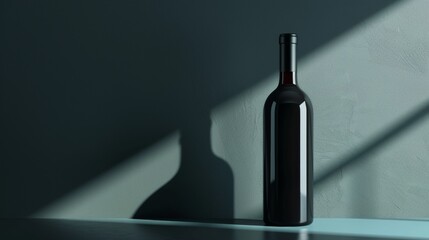 A bottle of wine is sitting on a table in front of a wall