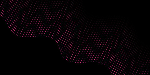 Fototapeta premium Abstract background with dots and waves. Medium banner size. Element for design. Vector background for brochure, booklet, flyer, poster. Pink and black gradient. Dark, night