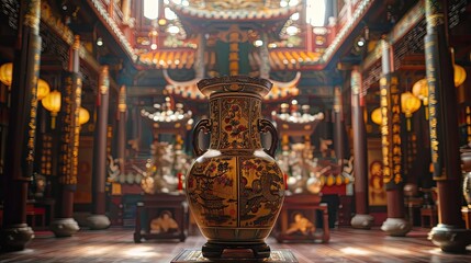 Fototapeta premium Millennial Chinese vase, decorated with beautiful colors, inside a majestic temple.
