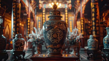 Fototapeta premium Millennial Chinese vase, decorated with beautiful colors, inside a majestic temple.