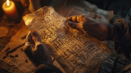 Man's hands with a scroll with Egyptian hieroglyphics drawings, lighting with candles, historical atmosphere.