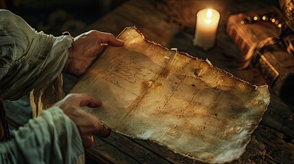 Unrecognizable man reading an ancient scroll in his hands, candle lighting, ancient and historical atmosphere.