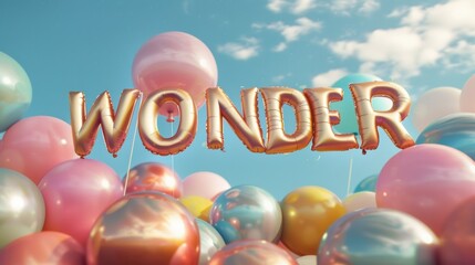 A bunch of balloons with the word wonder written on them