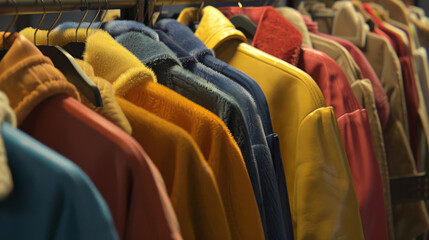 Fototapeta premium A vibrant array of jackets in rich, colorful hues ranging from reds to blues, hanging on a clothing rack under soft ambient lighting, radiating style and elegance.