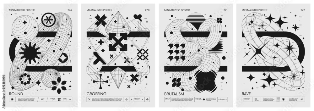 Poster brutalist style vector minimalistic posters with silhouette basic figures, retro futuristic graphic 