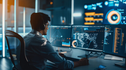 A cybersecurity analyst works intently at a multi-screen workstation, surrounded by data visualizations and global maps, in a high-tech, dimly lit office.